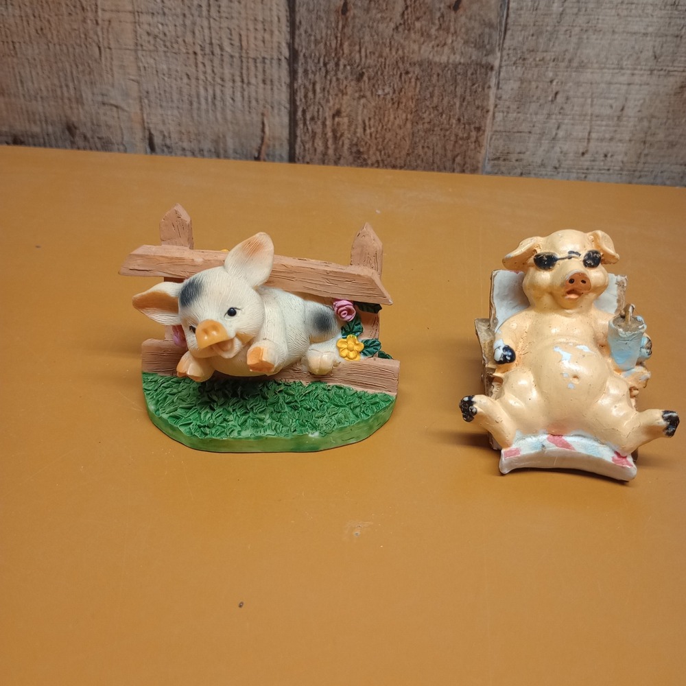 Vintage Pig Figurines Set of 2 Farmhouse Decor Resin Piglet Fence Relaxing Pig